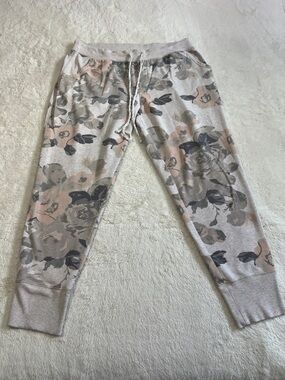 aerie Floral Print Track Joggers in Light Gray and Blush. Women’s Large